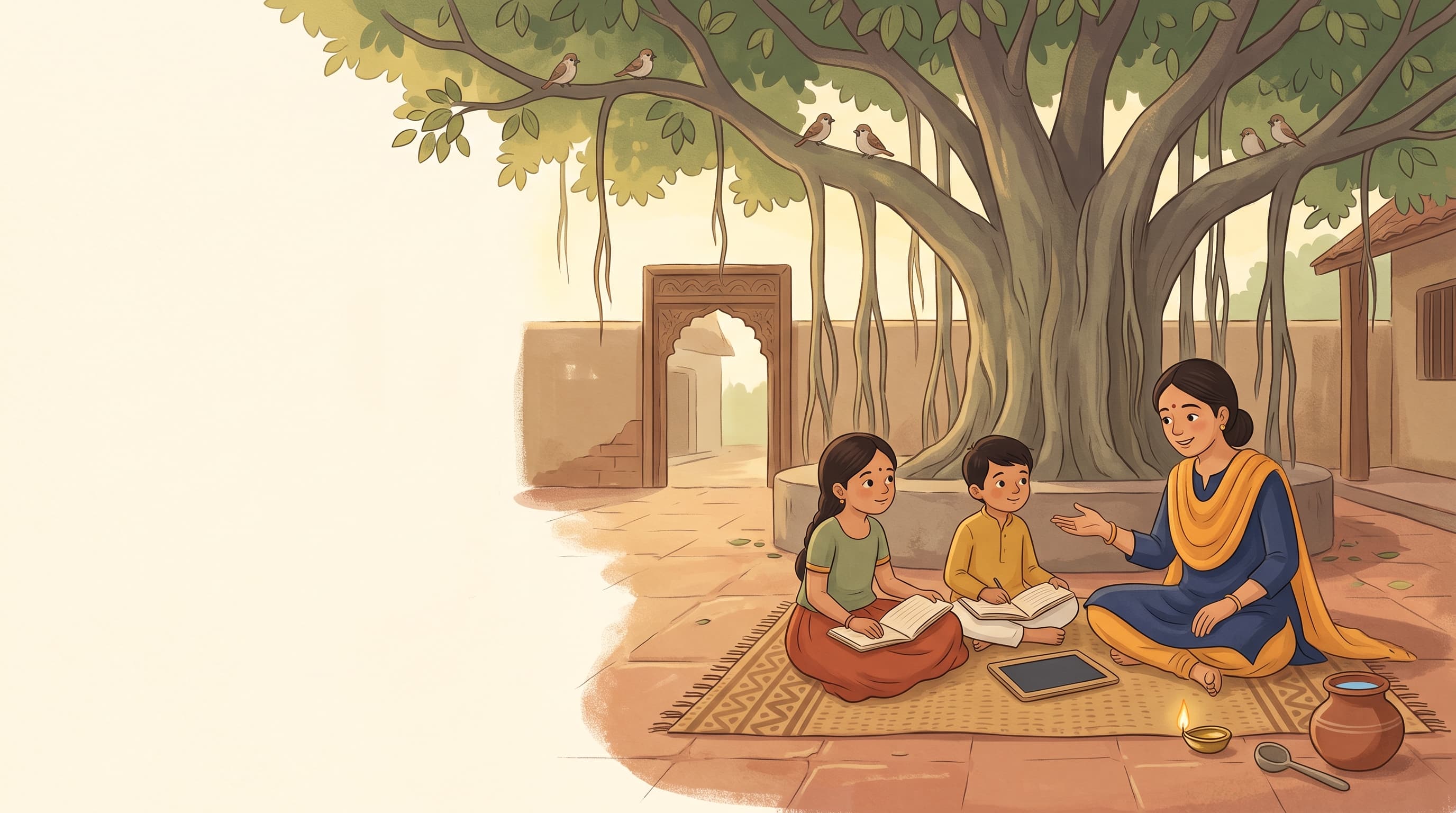 Children learning Sanskrit with their teacher under a banyan tree